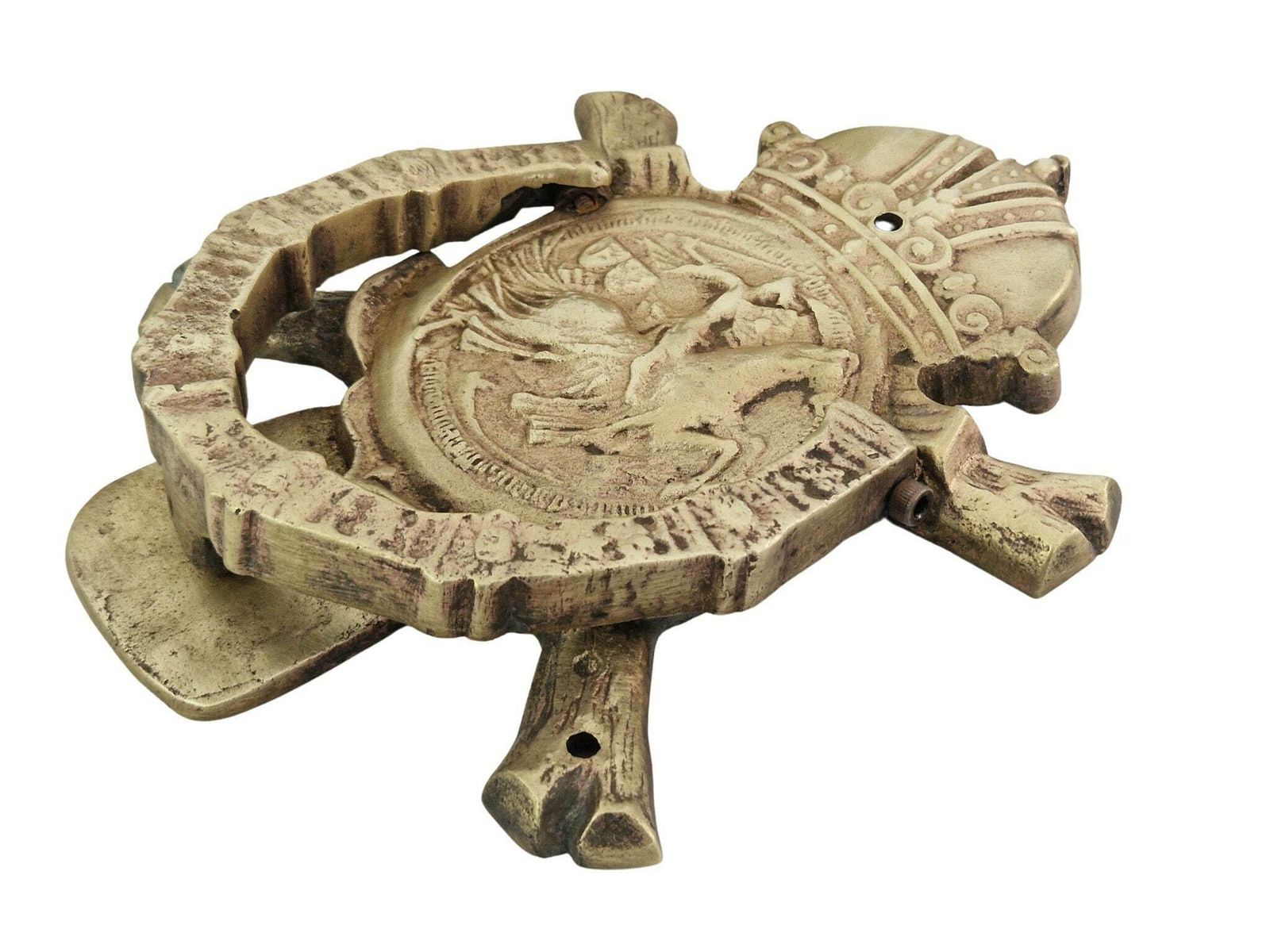 Antique French Bronze Door Knocker With Templar Knight On Horseback, Horseshoe And Crown photo vinterior
