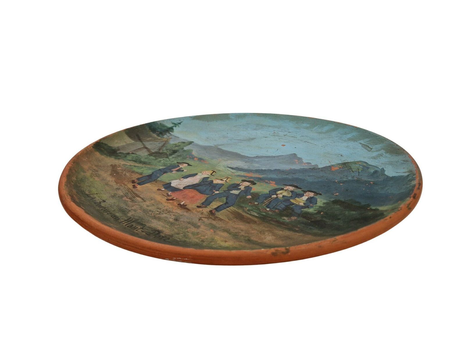 French Antique Terracotta Wall Plate With Hand Painted Village Dancing Scene, Folk Art Bouree Dance photo for sale