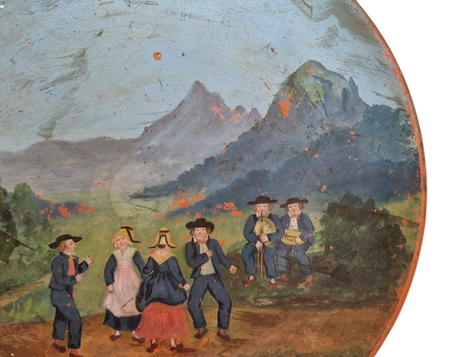 French Antique Terracotta Wall Plate With Hand Painted Village Dancing Scene, Folk Art Bouree Dance photo vinterior
