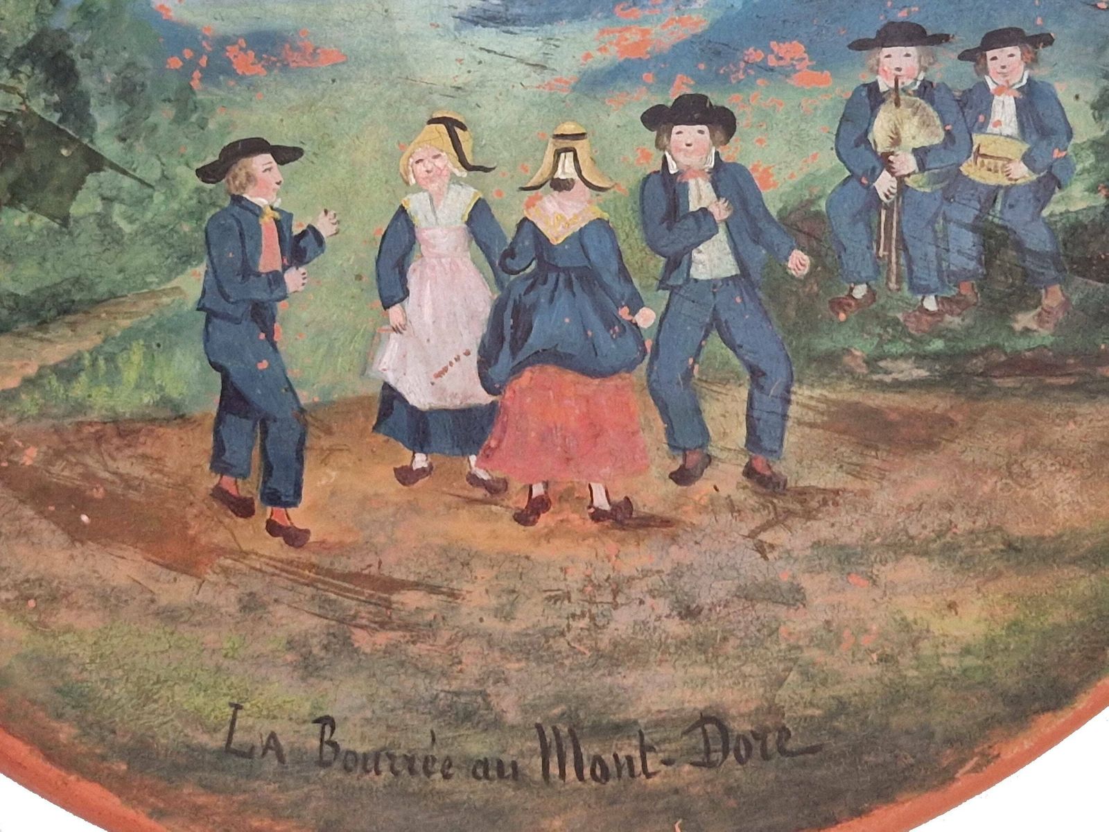 French Antique Terracotta Wall Plate With Hand Painted Village Dancing Scene, Folk Art Bouree Dance photo buy