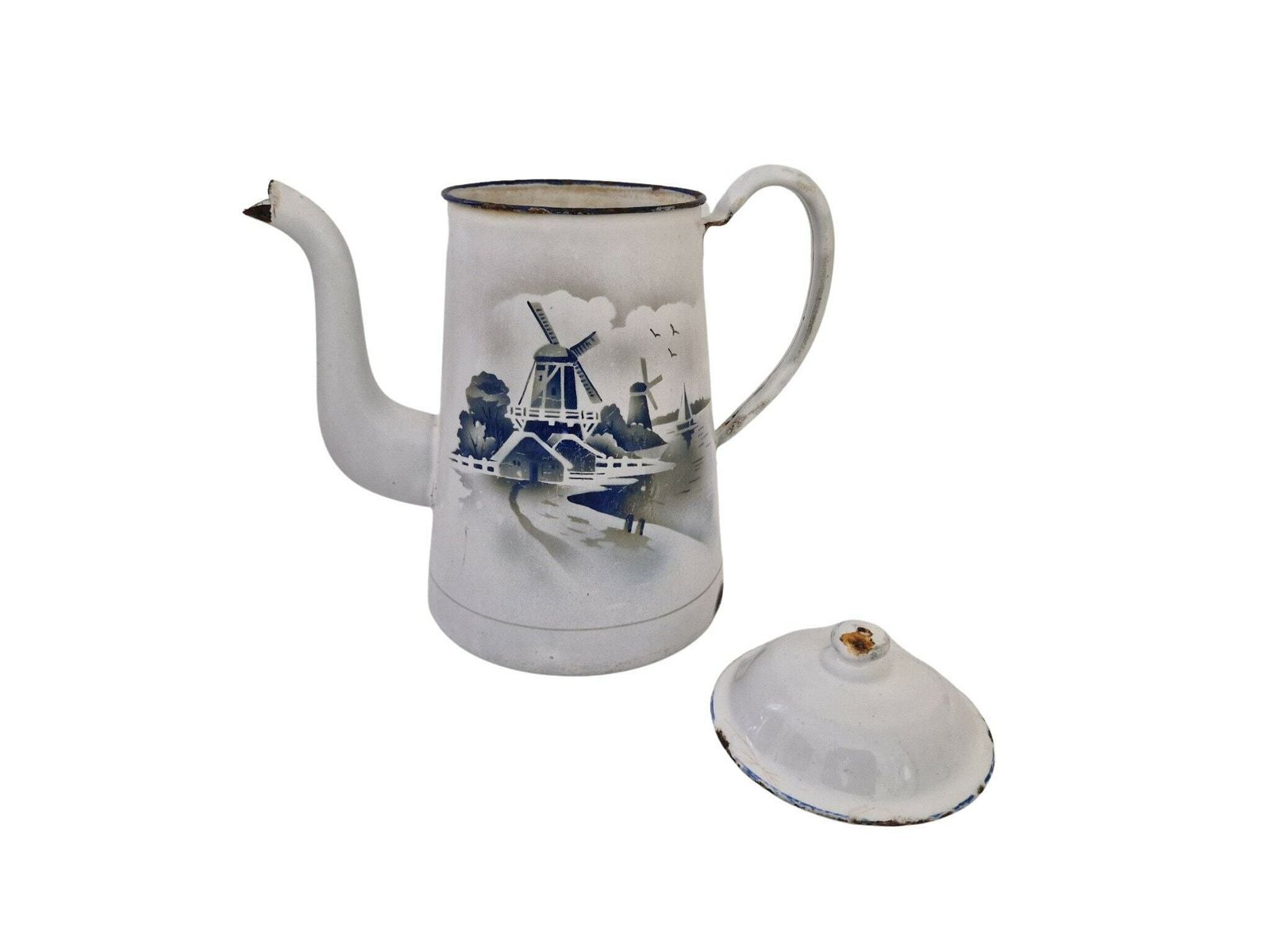 French Enamel Coffee Pot With Windmills, Vintage Blue And White Enamelware Teapot, Rustic Kitchen Decor photo furniture