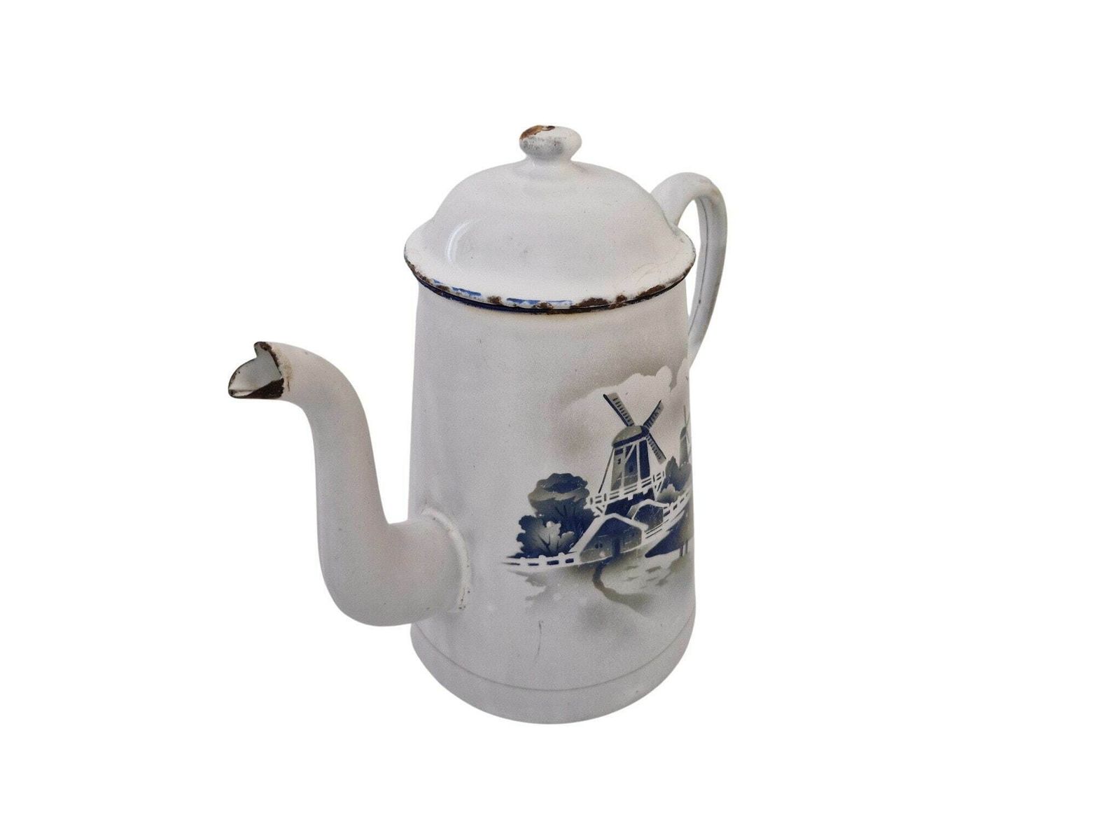 French Enamel Coffee Pot With Windmills, Vintage Blue And White Enamelware Teapot, Rustic Kitchen Decor photo for sale