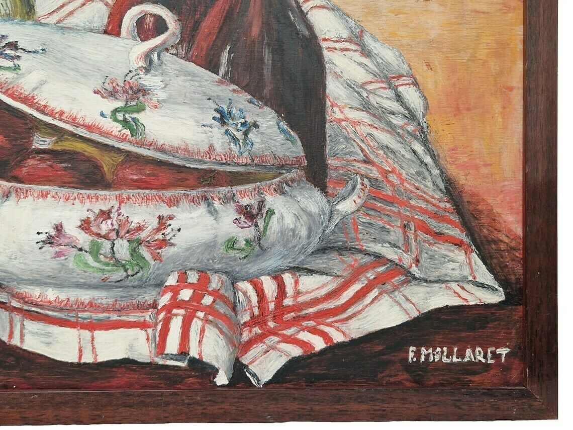 French Wine Bottle And Soup Tureen Still Life Painting, Rustic Home And Kitchen Wall Art, Framed And Signed F Mollaret photo 276.0