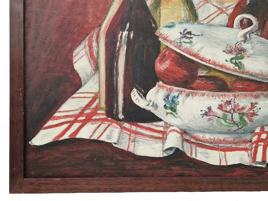 French Wine Bottle And Soup Tureen Still Life Painting, Rustic Home And Kitchen Wall Art, Framed And Signed F Mollaret photo vinterior