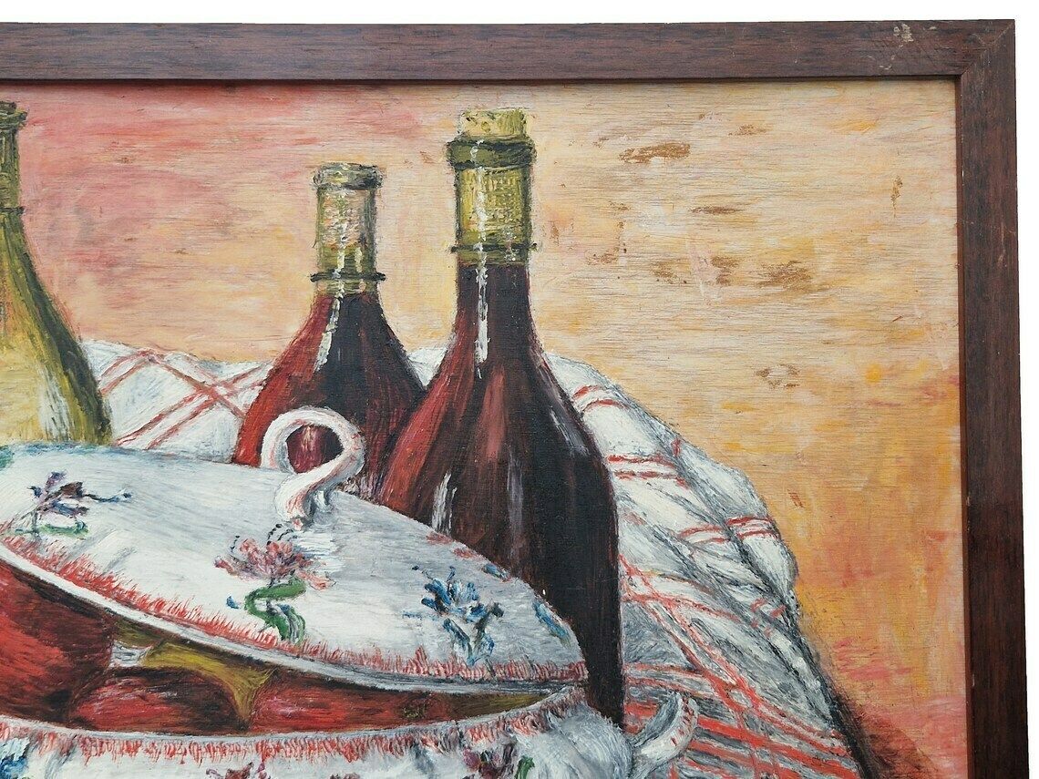 French Wine Bottle And Soup Tureen Still Life Painting, Rustic Home And Kitchen Wall Art, Framed And Signed F Mollaret photo vintage