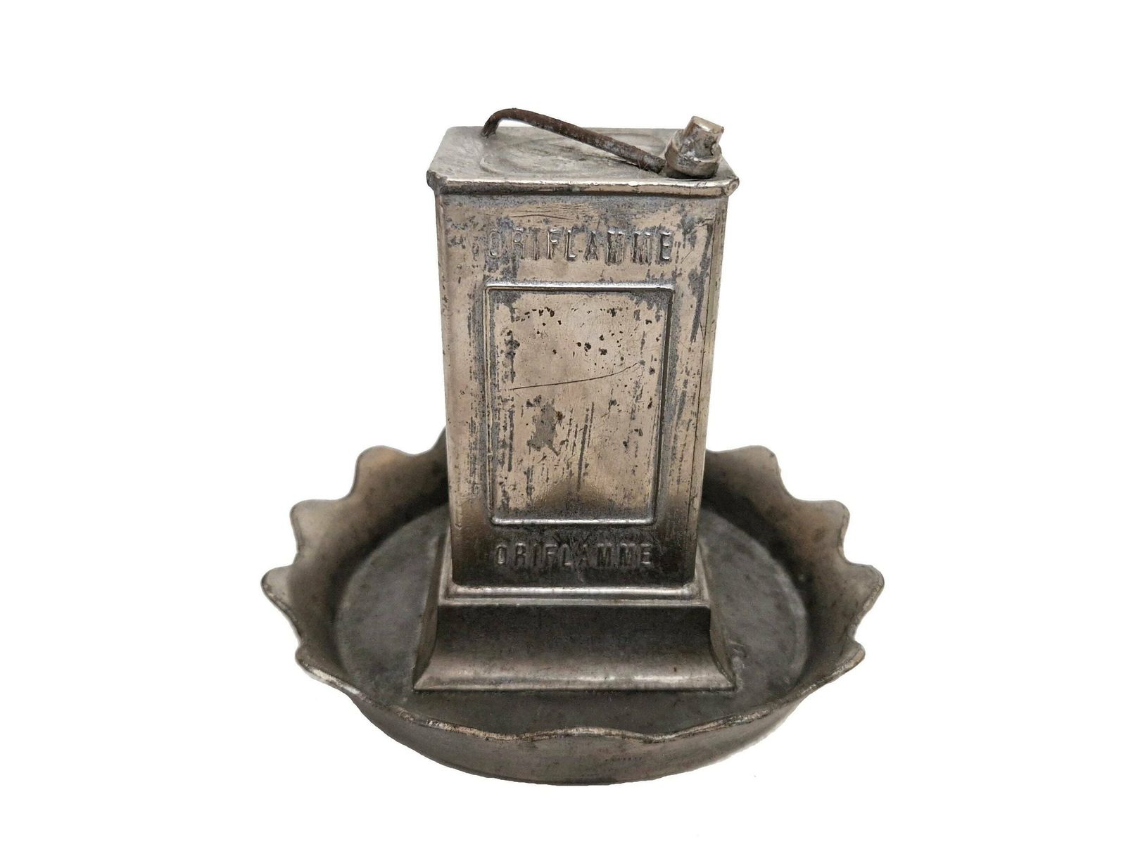 photo furniture Frans Antiek Inktpot Met Oriflamme Reclame, Miniatuur Oliekan