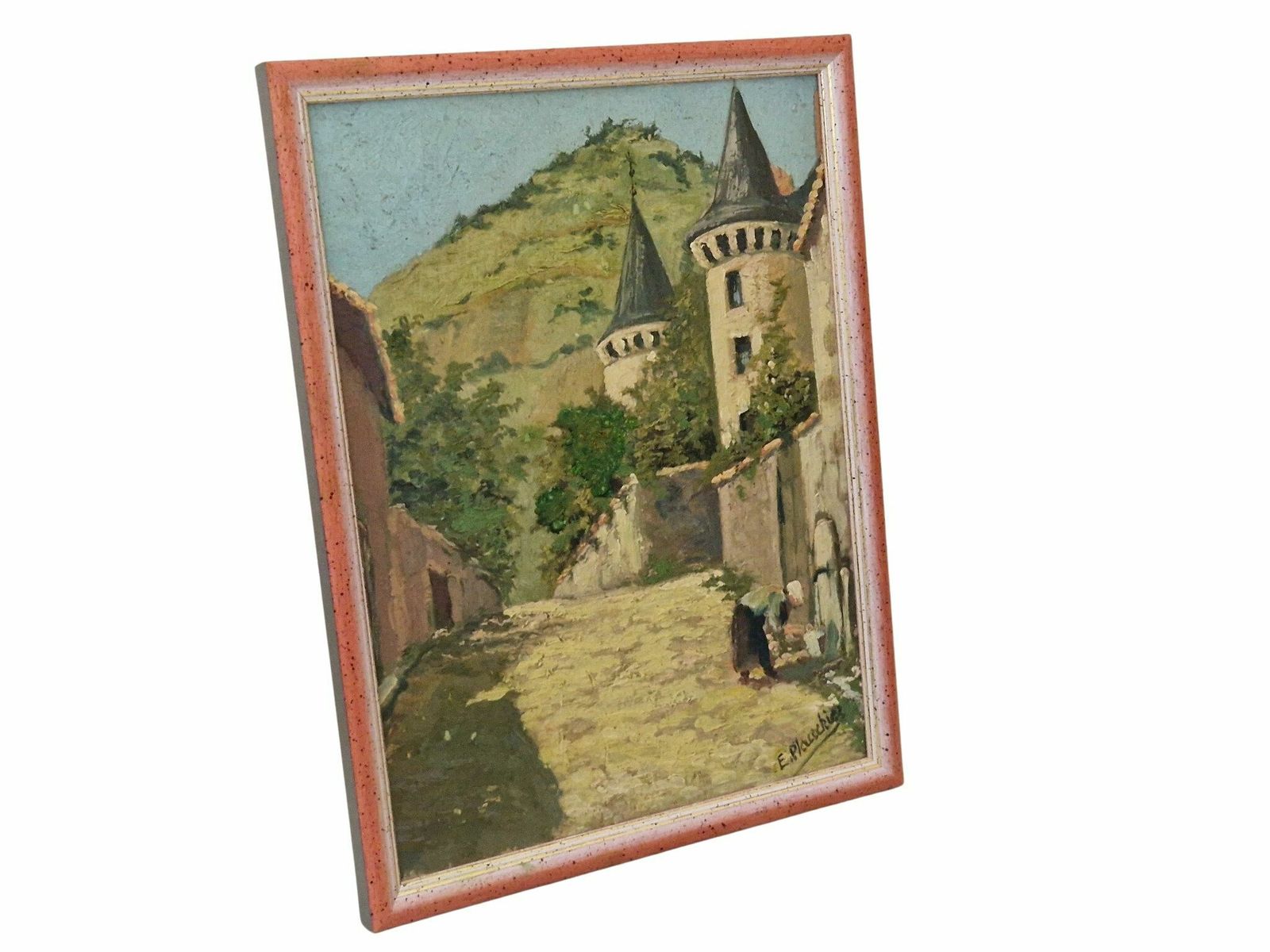 French Chateau Oil Painting By Edouard Plauchier With Laundry Washer, Antique Country Wall Art Decor photo furniture