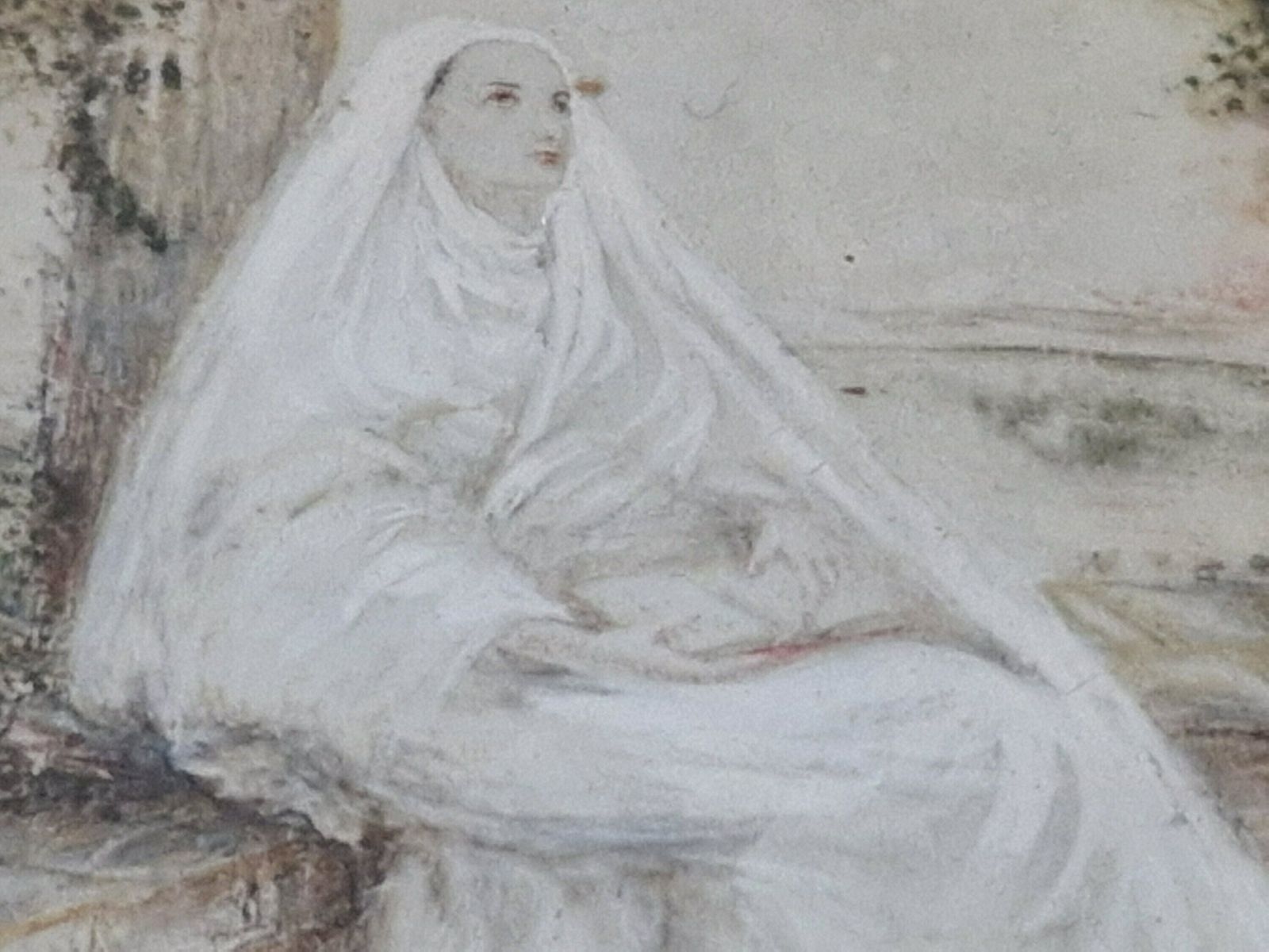 Antique Contemplating Nun Portrait Painting, Hand Painted French Miniature Christian Art photo Art