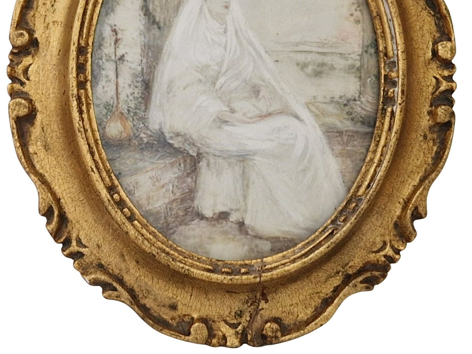 Antique Contemplating Nun Portrait Painting, Hand Painted French Miniature Christian Art photo vinterior