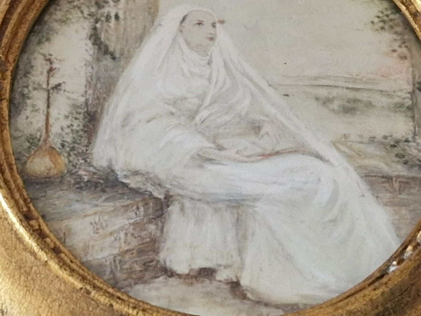 Antique Contemplating Nun Portrait Painting, Hand Painted French Miniature Christian Art photo buy