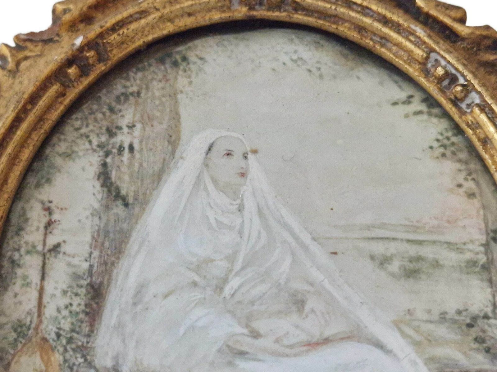 Antique Contemplating Nun Portrait Painting, Hand Painted French Miniature Christian Art photo vintage