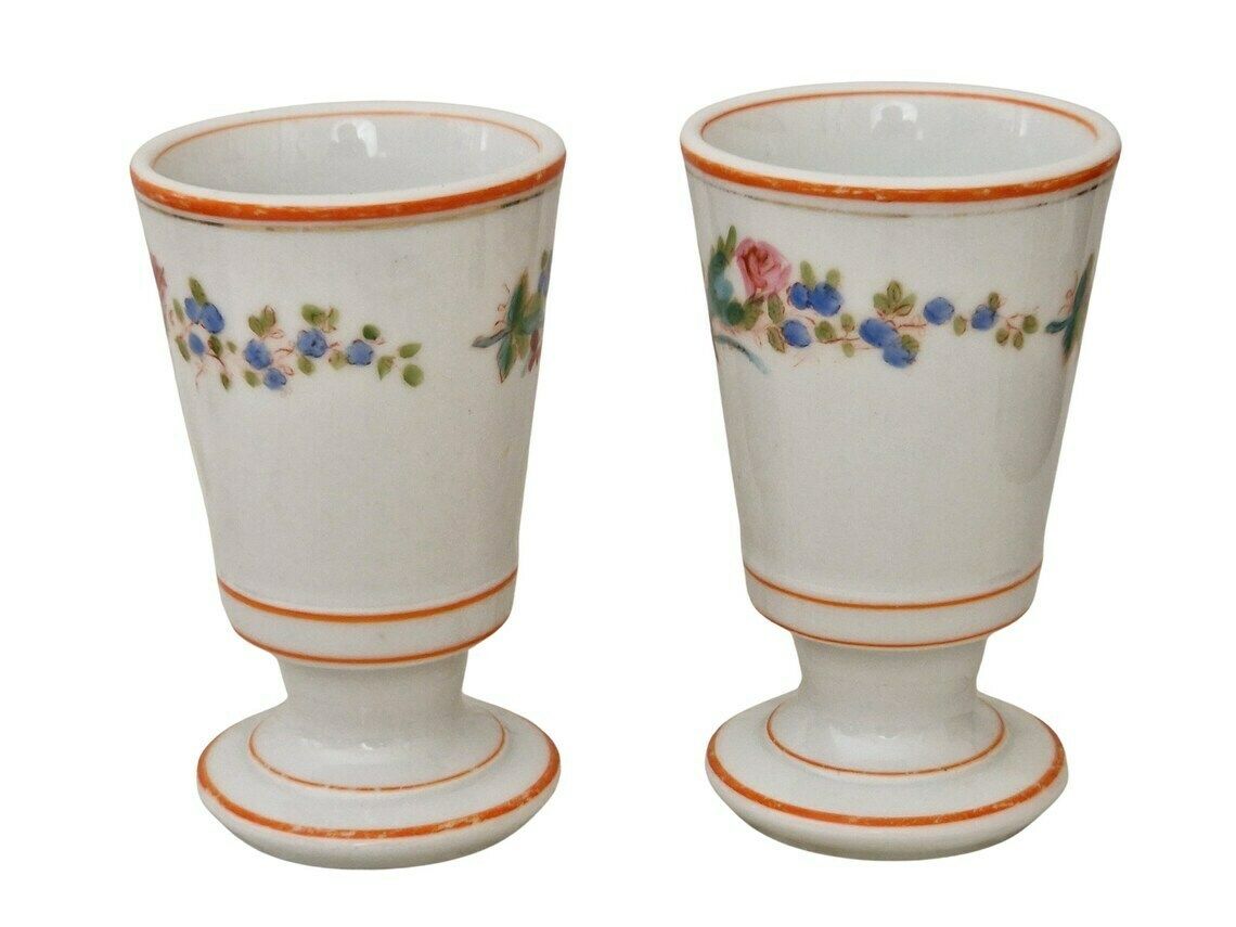 Antique French Porcelain Mazagran Brulot Coffee Cups A Pair Paris Cafe Footed Goblets photo for sale