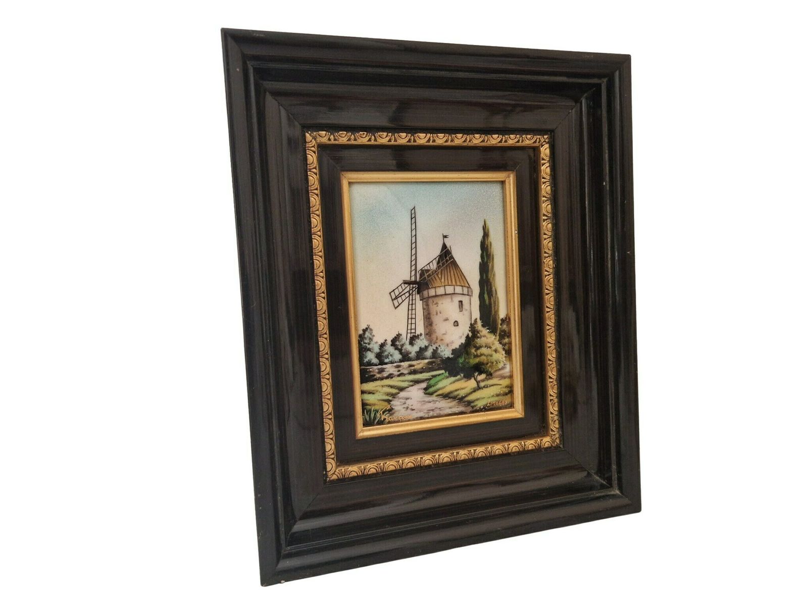 Hand Painted Limoges Enamel Painting With Daudet Windmill By Francoise, Framed Provence Landscape photo furniture