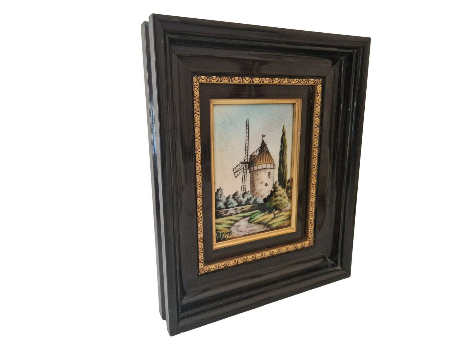 Hand Painted Limoges Enamel Painting With Daudet Windmill By Francoise, Framed Provence Landscape photo for sale