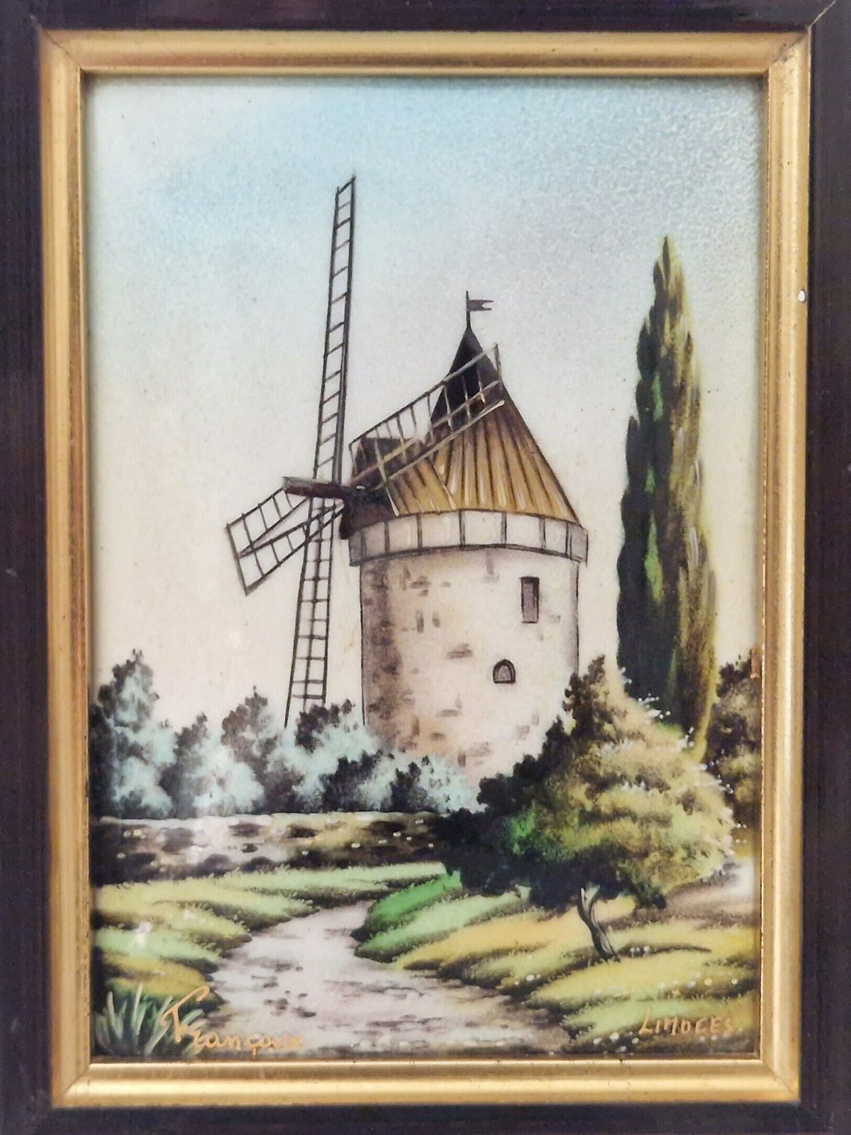 Hand Painted Limoges Enamel Painting With Daudet Windmill By Francoise, Framed Provence Landscape photo 179.0