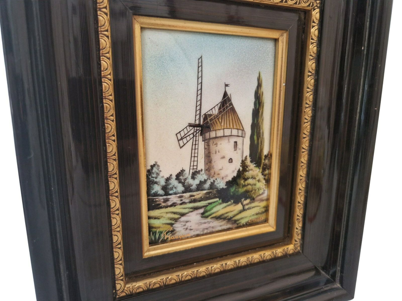 Hand Painted Limoges Enamel Painting With Daudet Windmill By Francoise, Framed Provence Landscape photo vintage