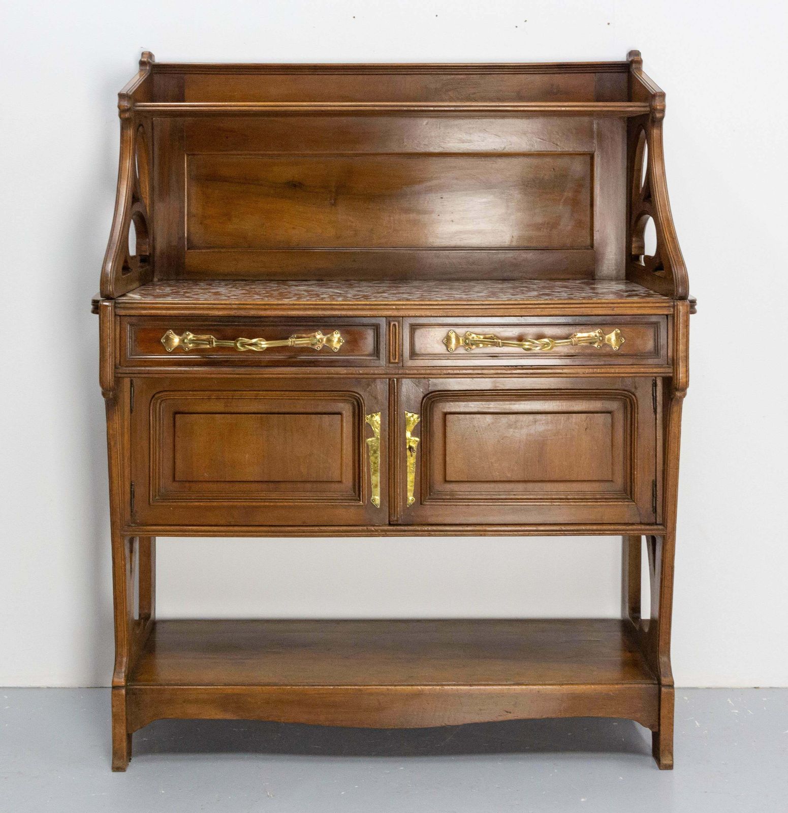 Art Nouveau Walnut, Marbre & Brass Console Or Little Buffet, French, Circa 1910 photo furniture