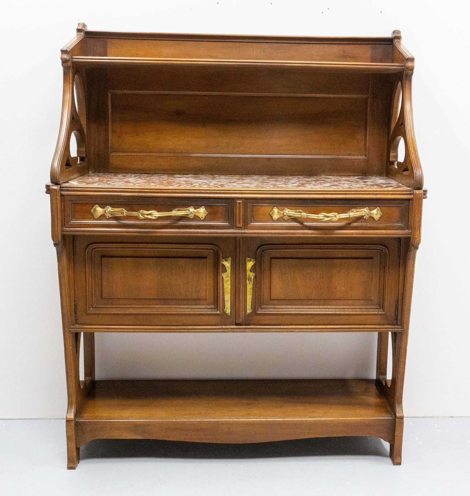 Art Nouveau Walnut, Marbre & Brass Console Or Little Buffet, French, Circa 1910 photo for sale