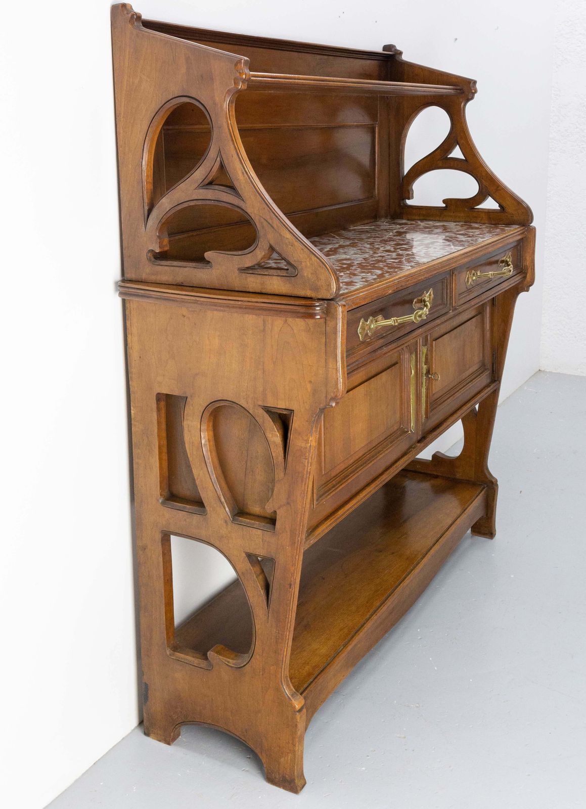 Art Nouveau Walnut, Marbre & Brass Console Or Little Buffet, French, Circa 1910 photo Furniture