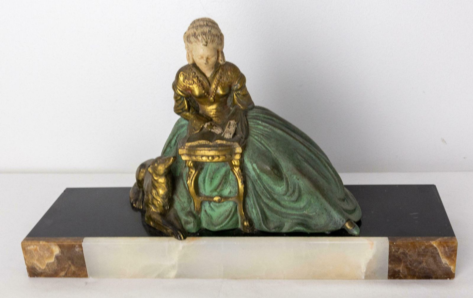 French Art Deco Onyx & Polychrome Spelter Reading Woman With Dog, Circa 1930 photo Home Decor