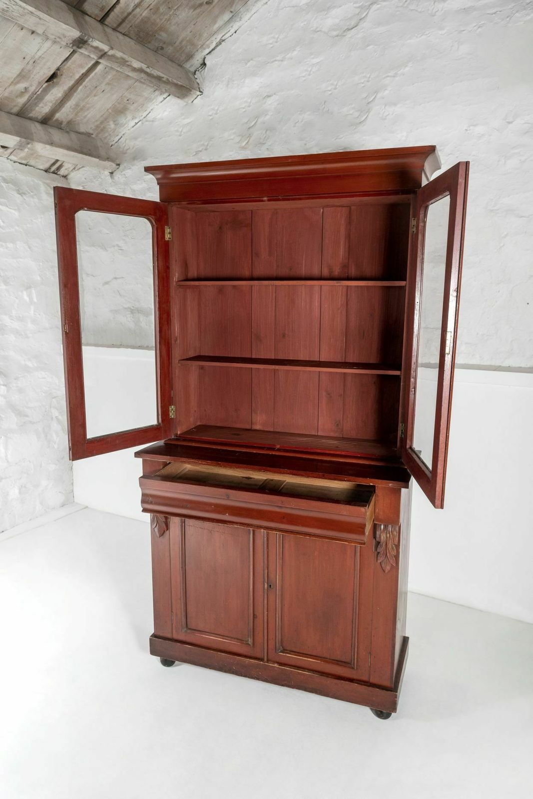 photo for sale Tall Victorian Dresser Unit Bookcase With Original Glazing And Red Brown Lacquer
