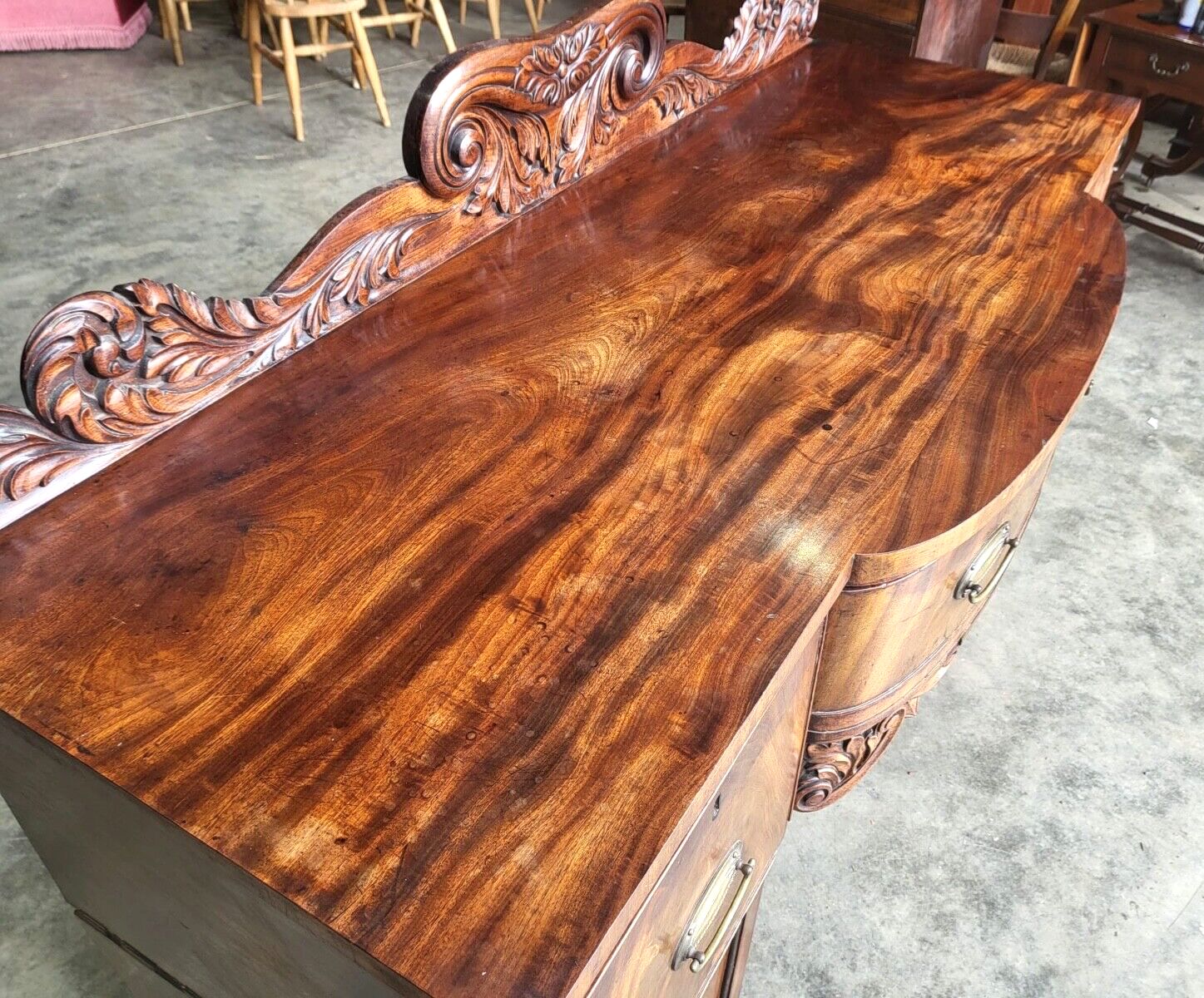 Antique William IV Mahogany Bow Break Front Carved Sideboard Wine Rack Drawers photo furniture