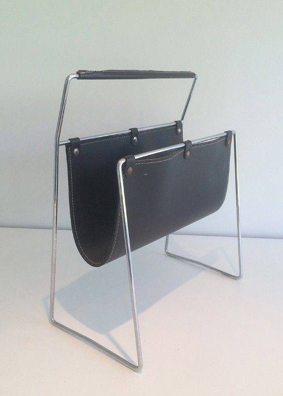 Black Leather And Chrome Magazine Rack