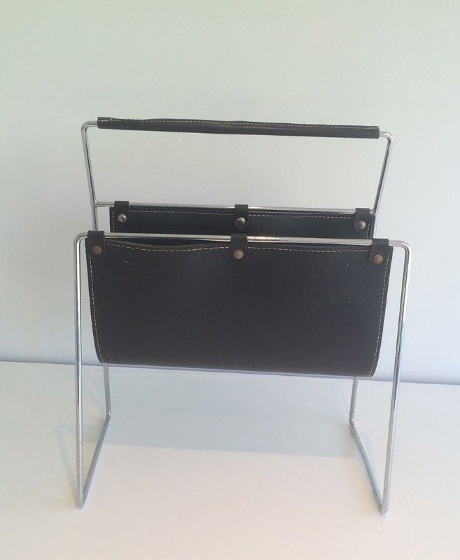 Black Leather And Chrome Magazine Rack photo furniture