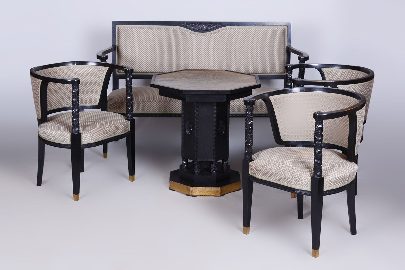 Restored Art Nouveau Seating Set, Stained Oak, New Upholstery, Austria, 1910s