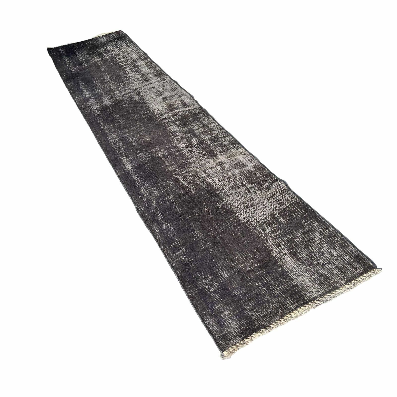 photo furniture Distressed Turkish Narrow Runner  Wool Vintage Rug, Over Dyed Black
