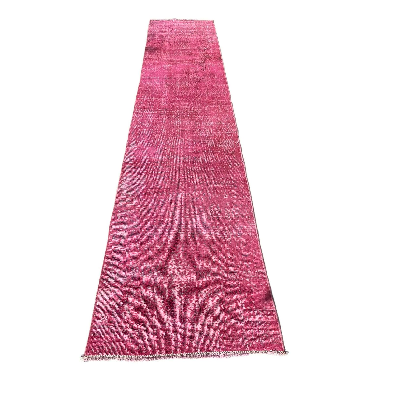 Distressed Turkish Narrow Runner Wool Vintage Rug, Over Dyed Pink 330 X 70 Cm photo Textiles