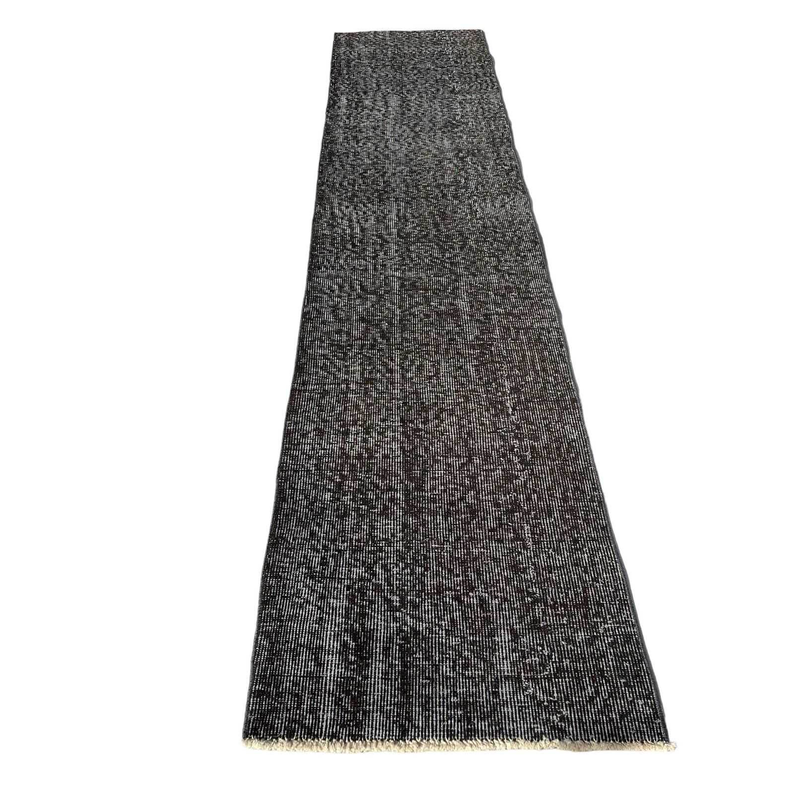 Distressed Turkish Narrow Runner Wool Vintage Rug, Over Dyed Black