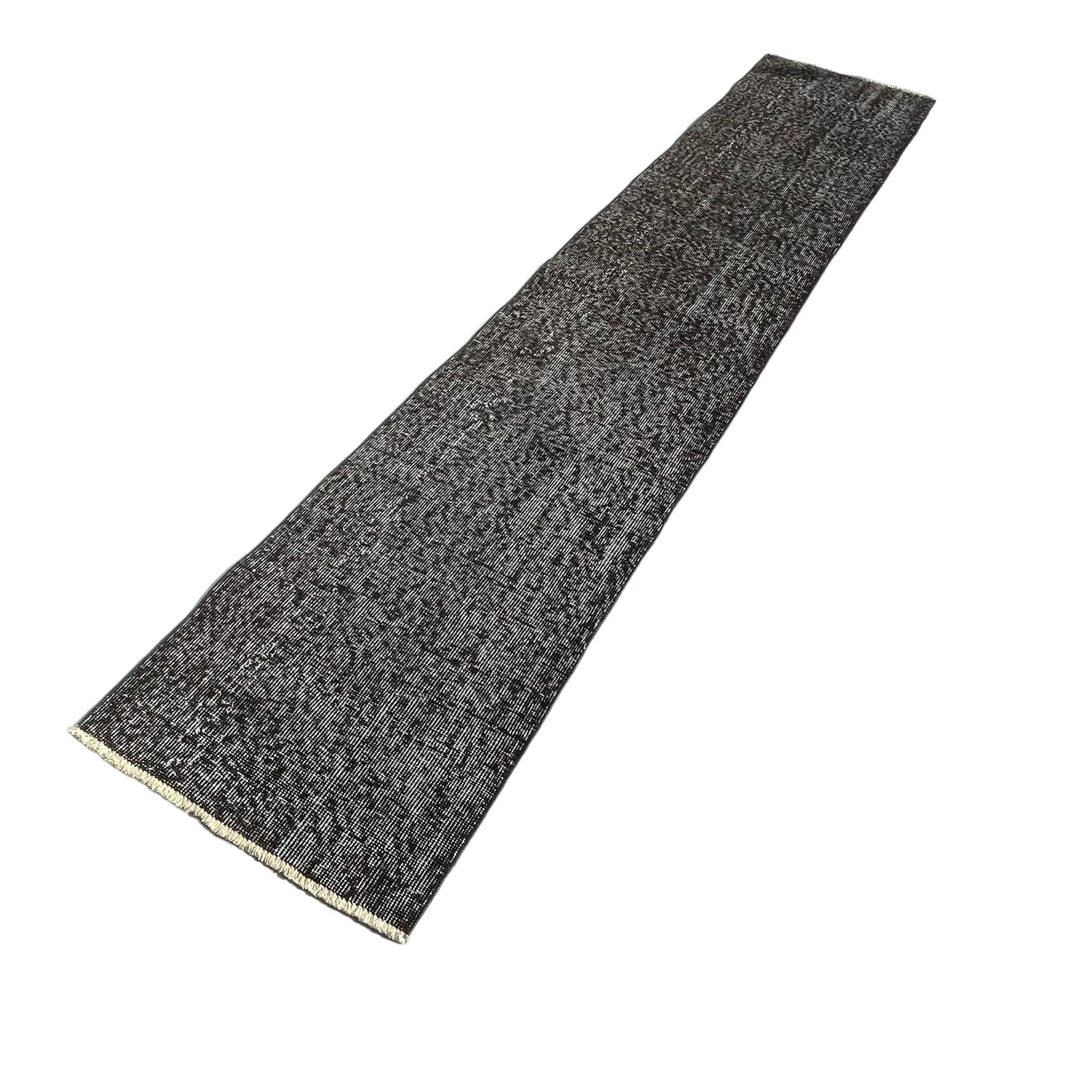 Distressed Turkish Narrow Runner Wool Vintage Rug, Over Dyed Black photo vinterior