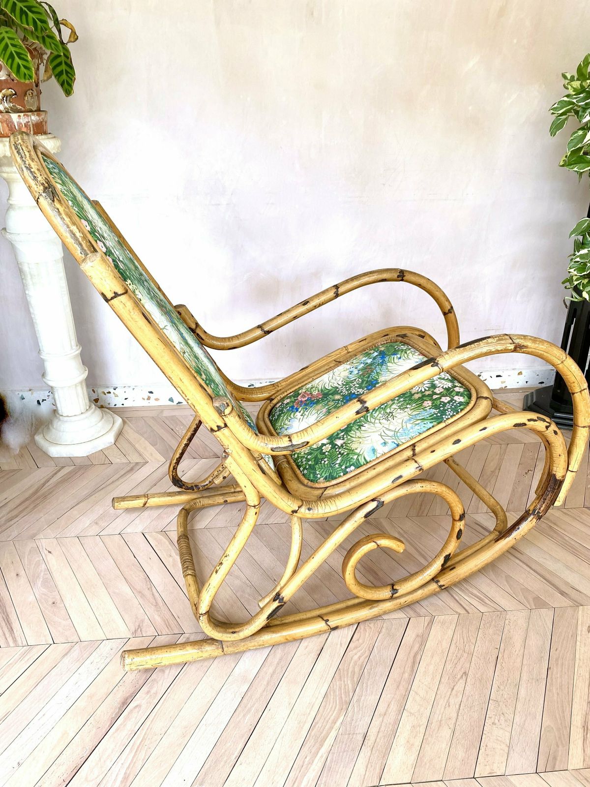 Mid Century Bamboo & Floral Print Upholstered Rocking Chair photo buy