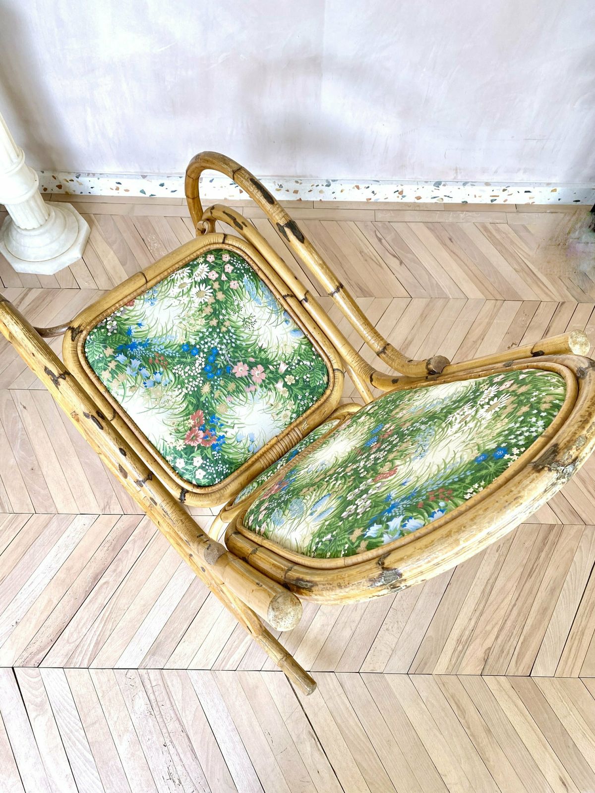 Furniture Mid Century Bamboo & Floral Print Upholstered Rocking Chair photo