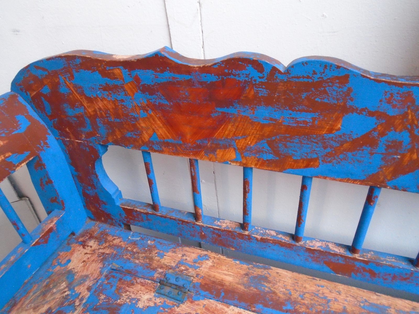 A Totally Original Early Victorian Pine Painted Blue / Red 3 Seater Hungarian Bench photo for sale