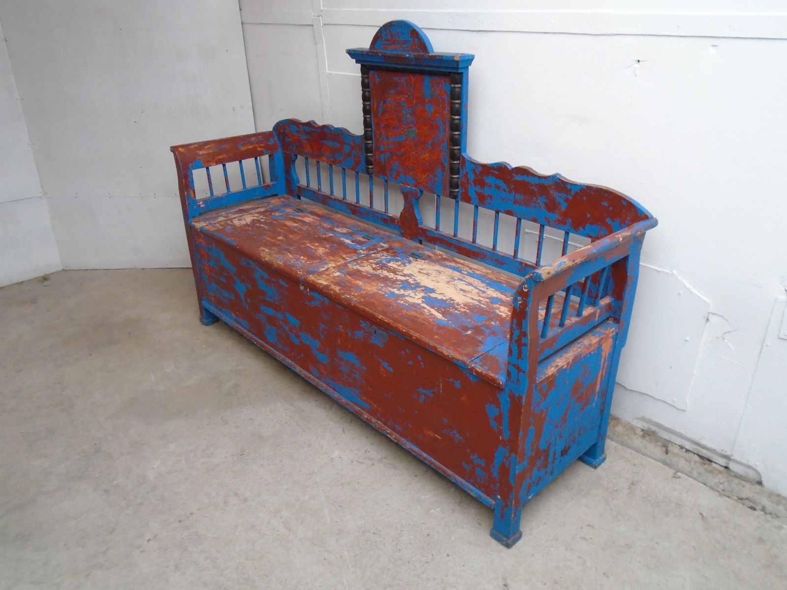 A Totally Original Early Victorian Pine Painted Blue / Red 3 Seater Hungarian Bench