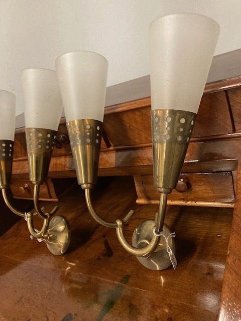 Pair Of Modern   Vintage Oscar Torlasco Cone Wall Lights From The 1950s. Metal And Opaline Glass. Design photo vintage