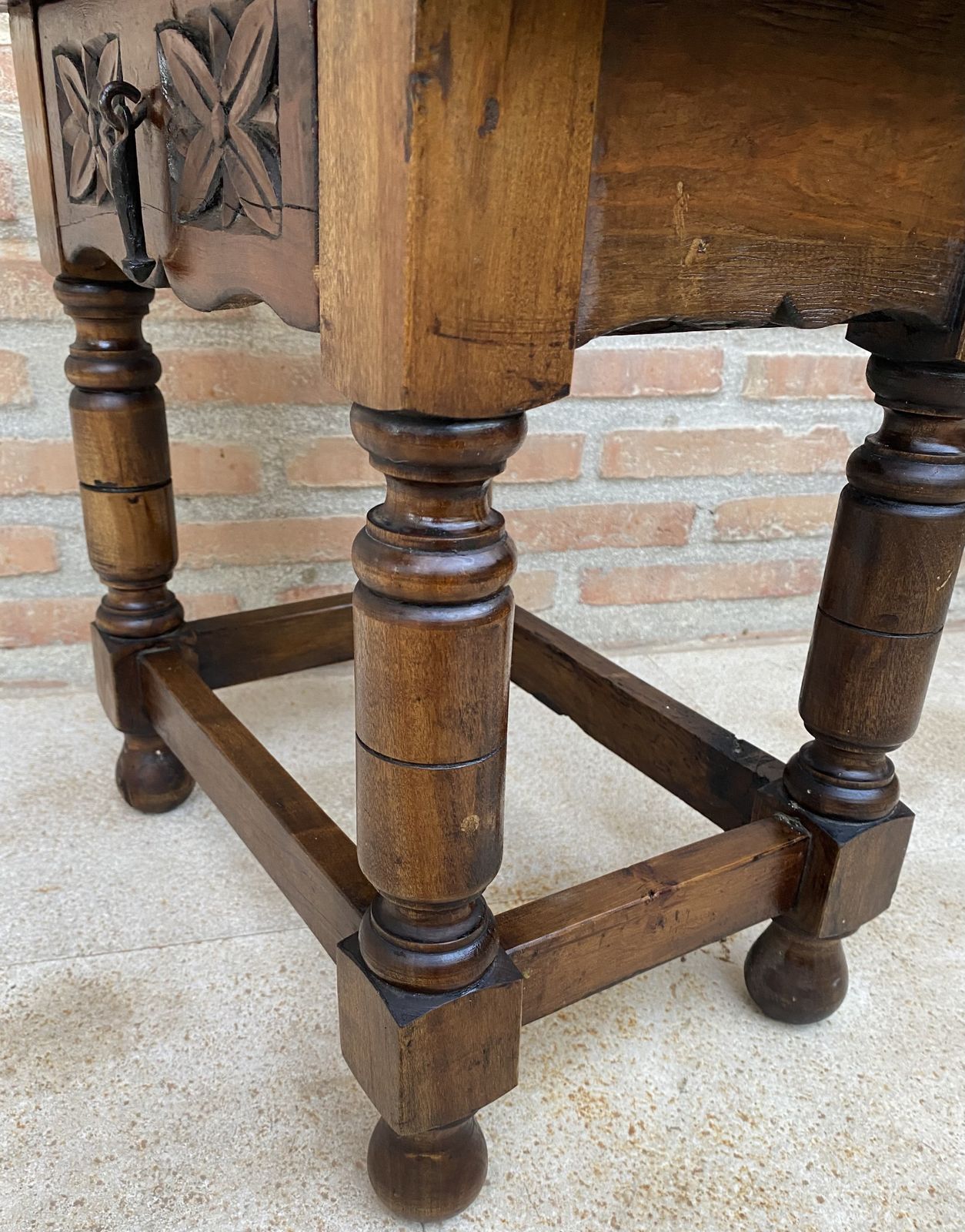 photo for sale 20th Century Spanish Nightstand Or Bedside With Carved Drawer And Iron Hardware