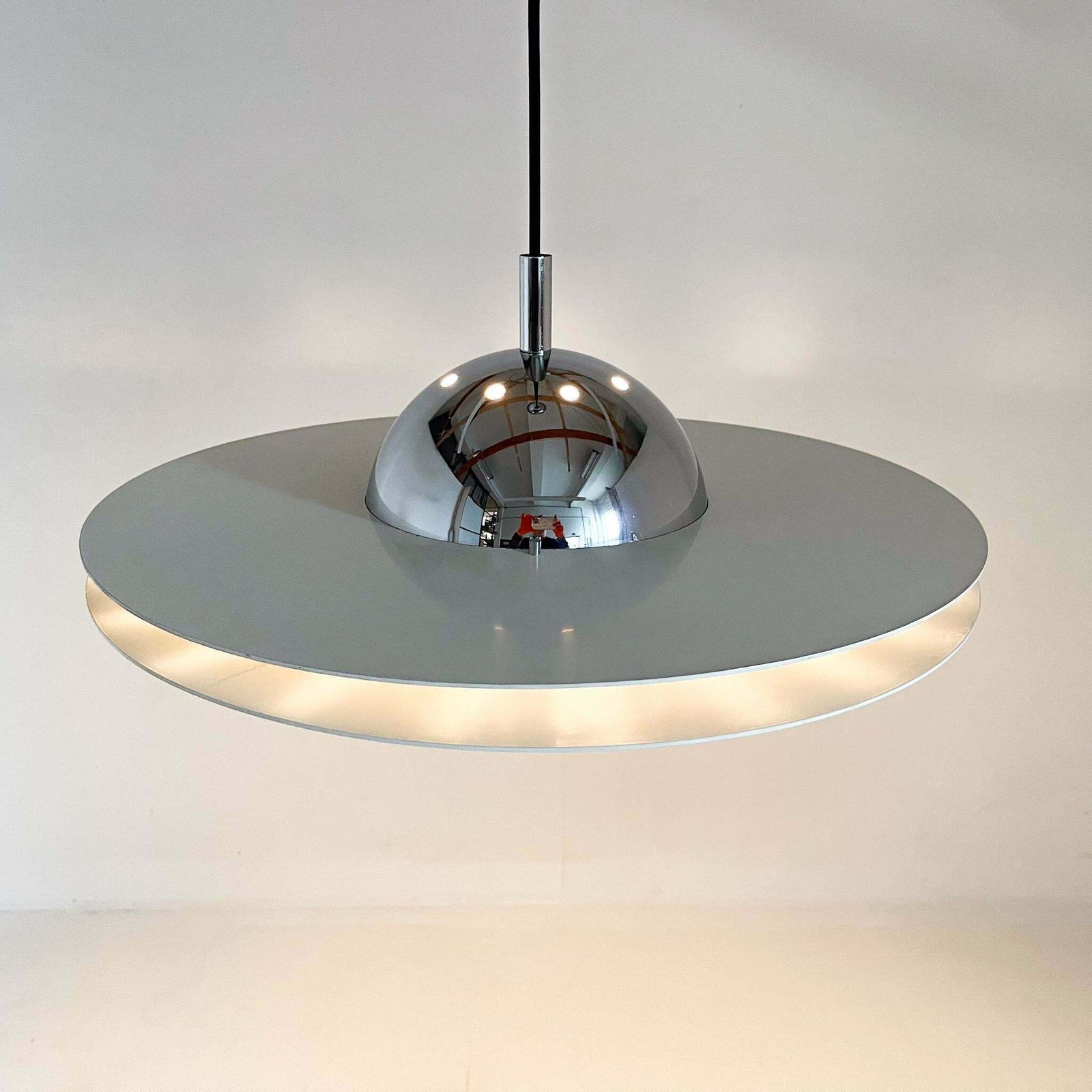 Lighting 1970's Ufo Chrome & Lacquered Metal Space Age Pendant, Italy photo