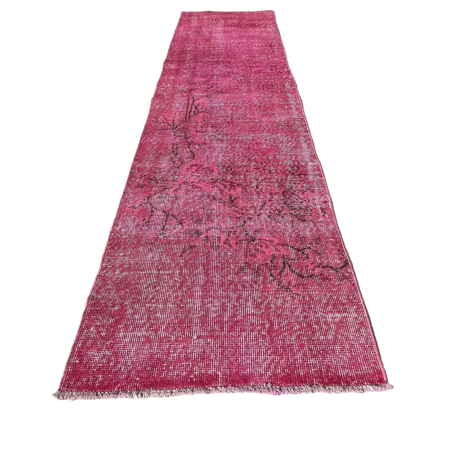 Distressed Turkish Narrow Runner 278 X 68 Cm Wool Vintage Rug, Over Dyed Pink
