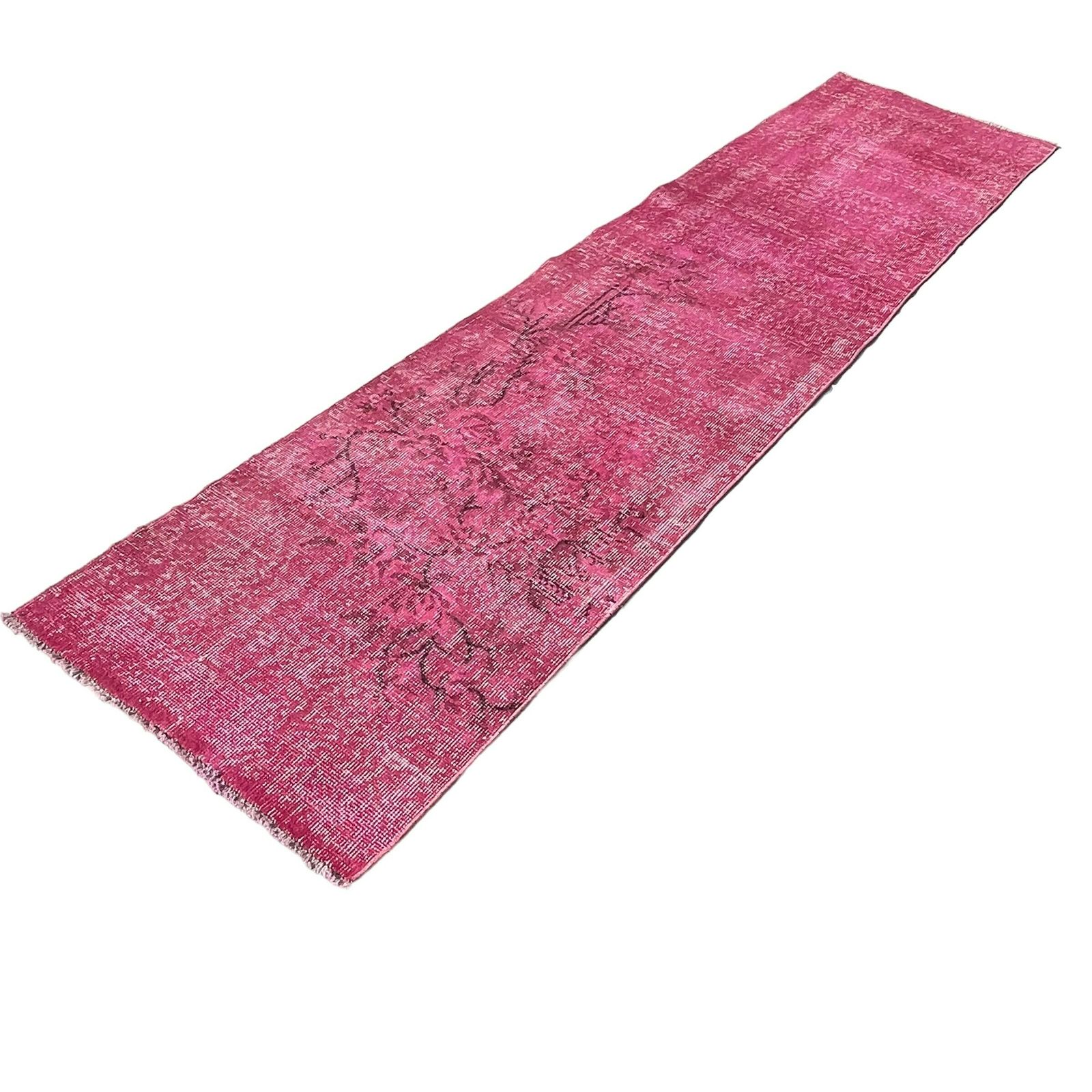 Distressed Turkish Narrow Runner 278 X 68 Cm Wool Vintage Rug, Over Dyed Pink photo buy