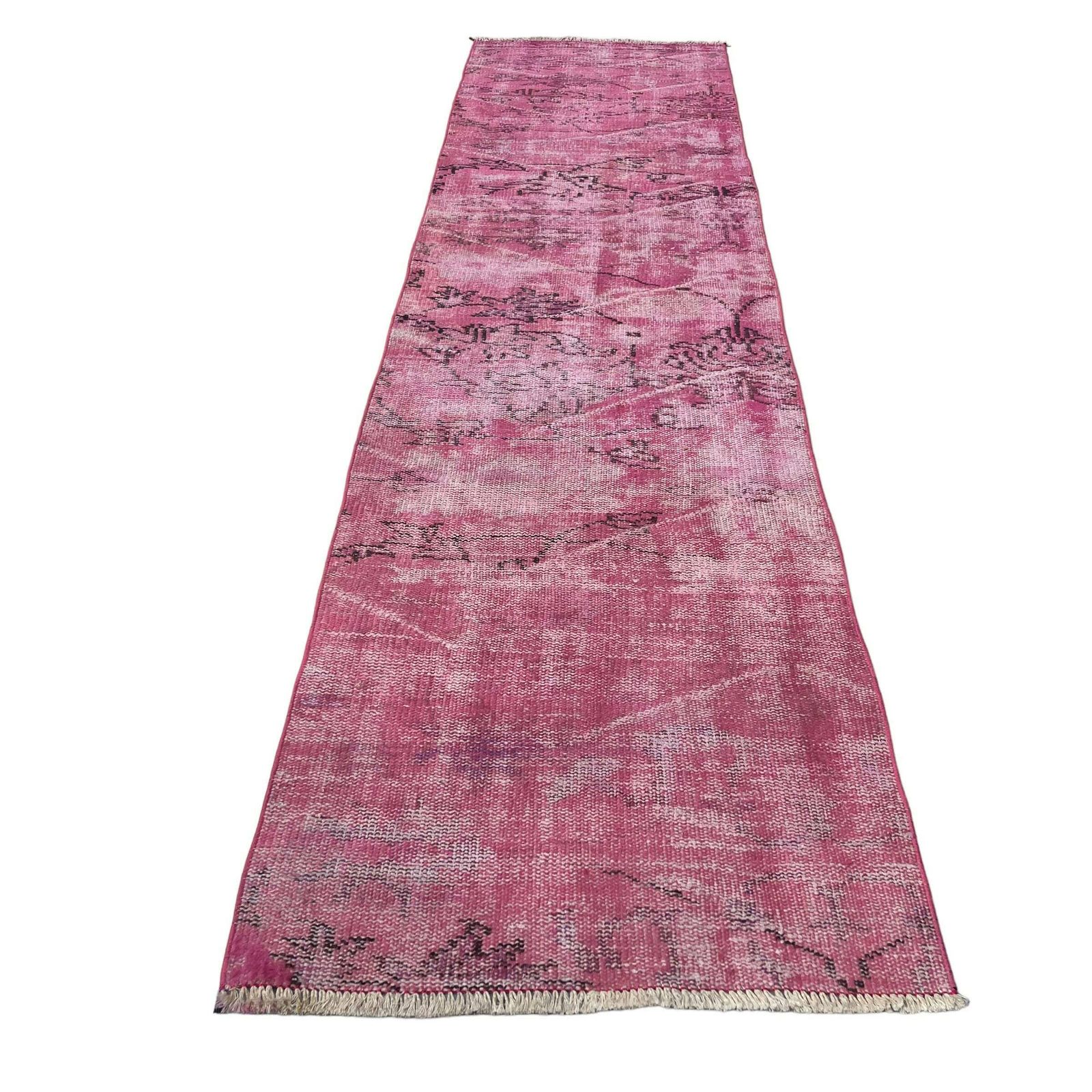 Distressed Turkish Narrow Runner 260 X 66 Cm Wool Vintage Rug, Over Dyed Pink photo Textiles