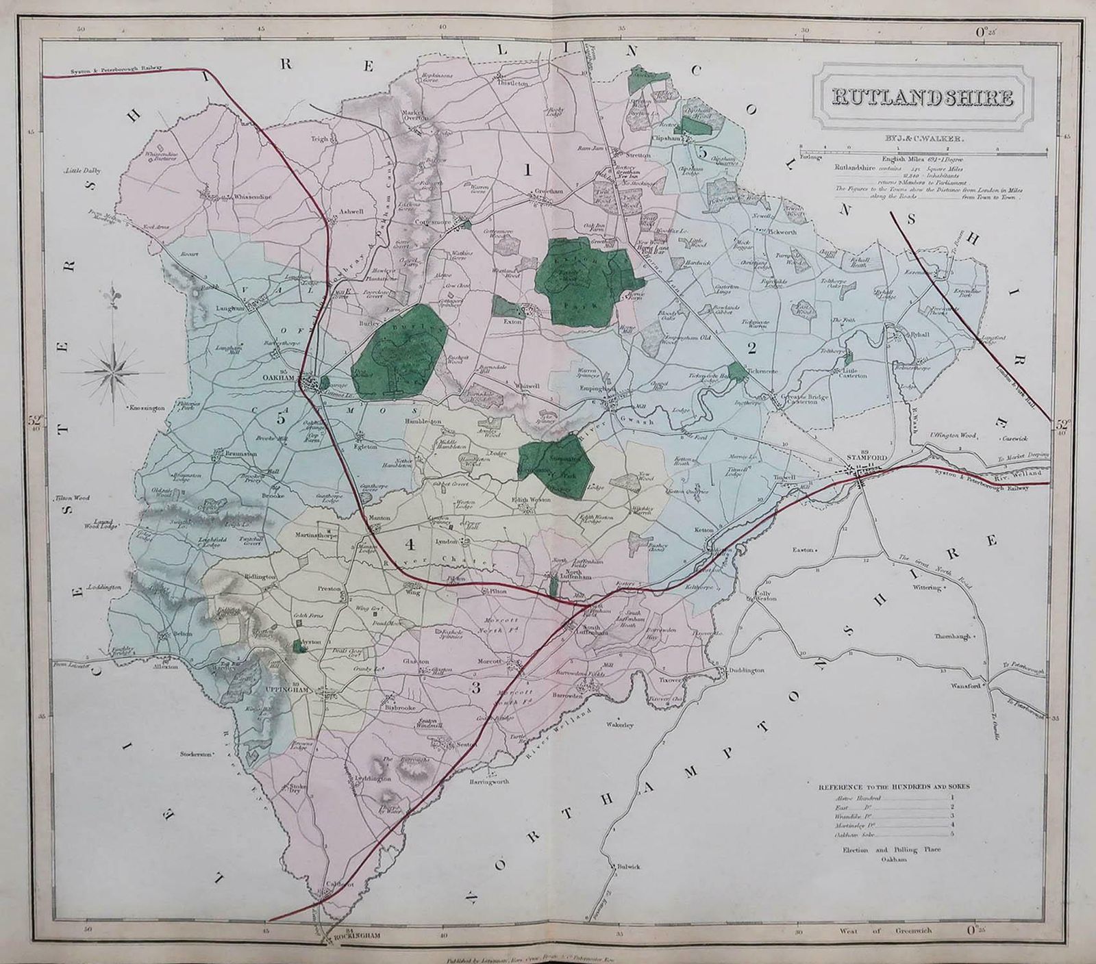 Original Antique English County Map, Rutland, J & C Walker, 1851 photo furniture
