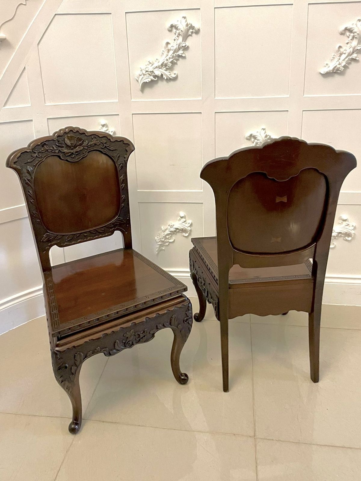 Fine Quality Pair Of Antique Carved Chinese Hall Chairs photo vintage