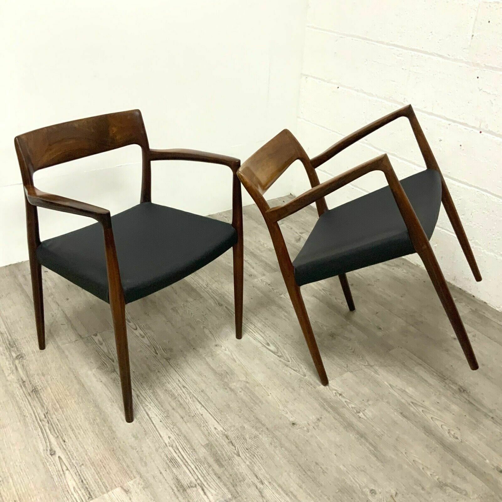 A Pair Of Niels Otto Moller Rosewood Model 57 Office Dining Chairs In Black Leather Rare photo furniture