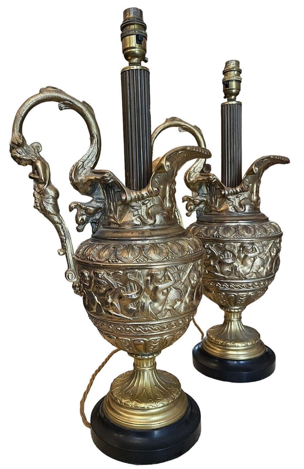 photo for sale Antique Bronze French Ewer Renaissance Revival Cherub Lamps Circa 1940