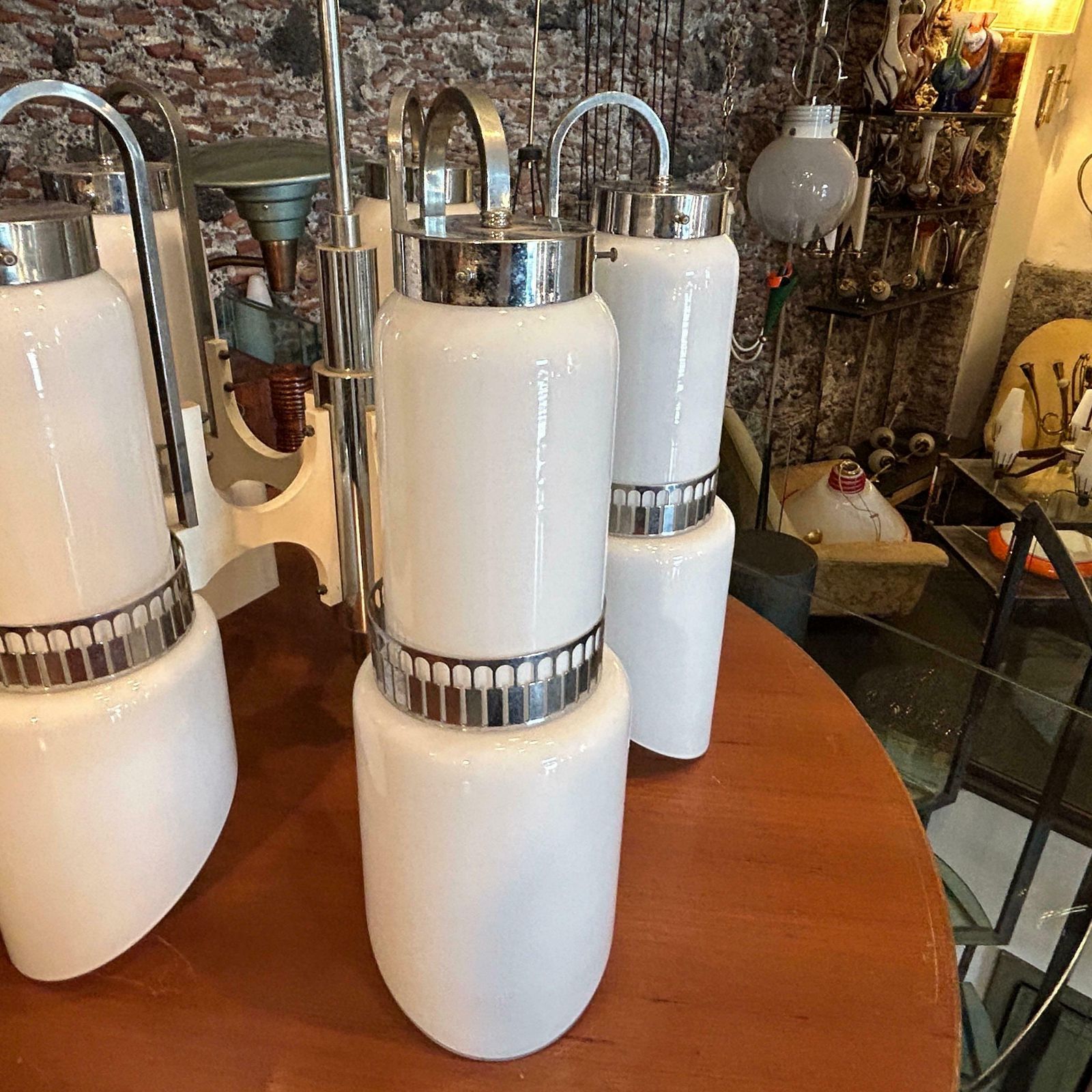 1970s Space Age White Glass Wood And Metal Chandelier By Gaetano Sciolari photo for sale