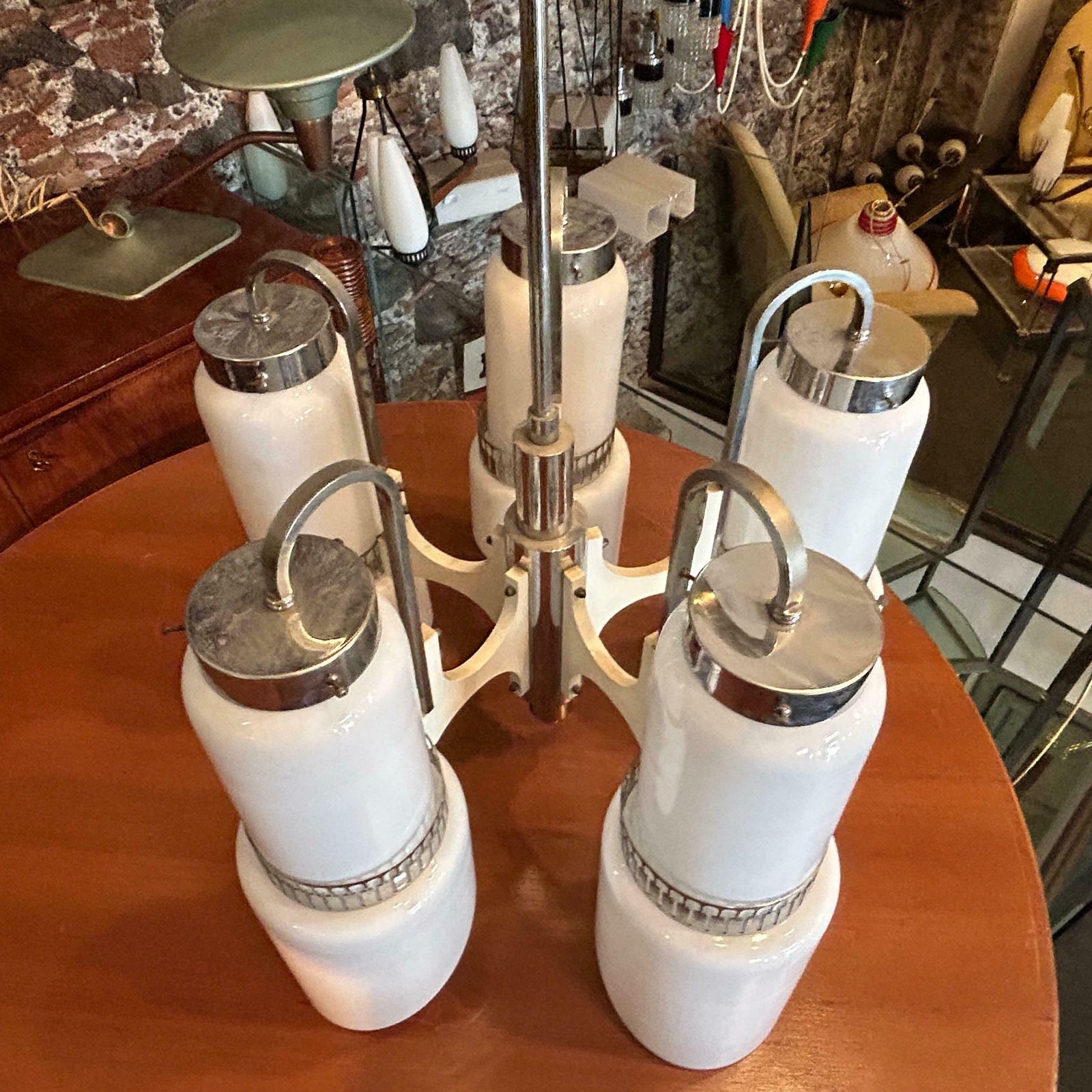 1970s Space Age White Glass Wood And Metal Chandelier By Gaetano Sciolari photo vintage