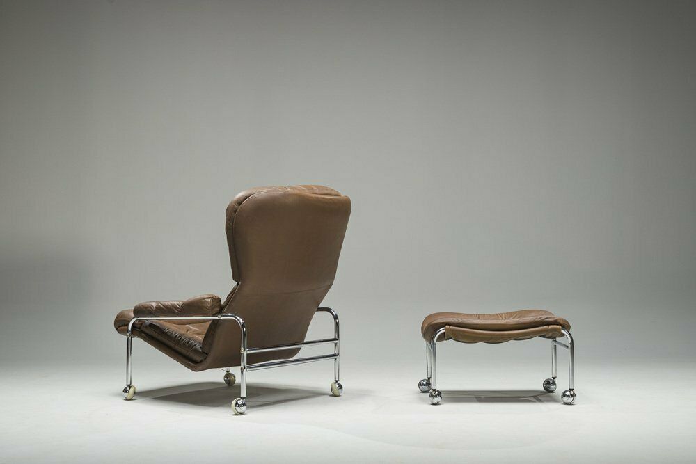 Swedish Chrome & Brown Leather Lounge Chair And Footstool From Scapa Rydaholm, 1960s, Set Of 2 photo for sale